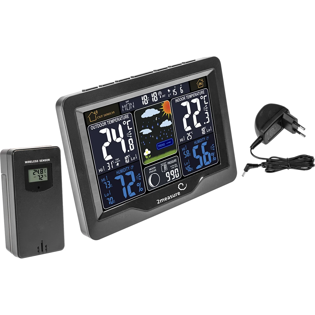 RCC vejrstation, DCF – elektronisk, oplyst, trådløs, sensor, sort