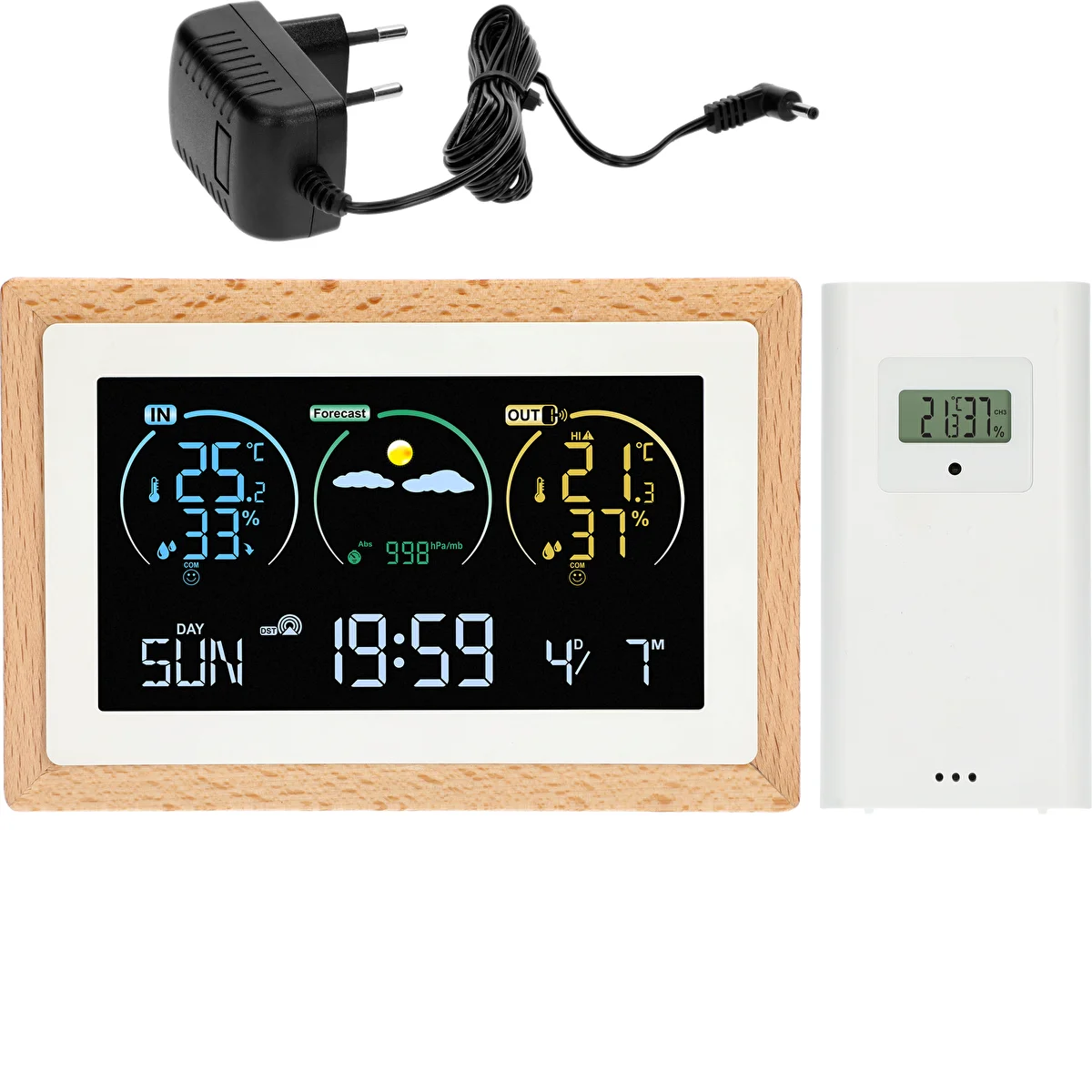 Vejrstation (RCC,DCF) - elektronisk, trådløs, oplyst, sensor, hvid