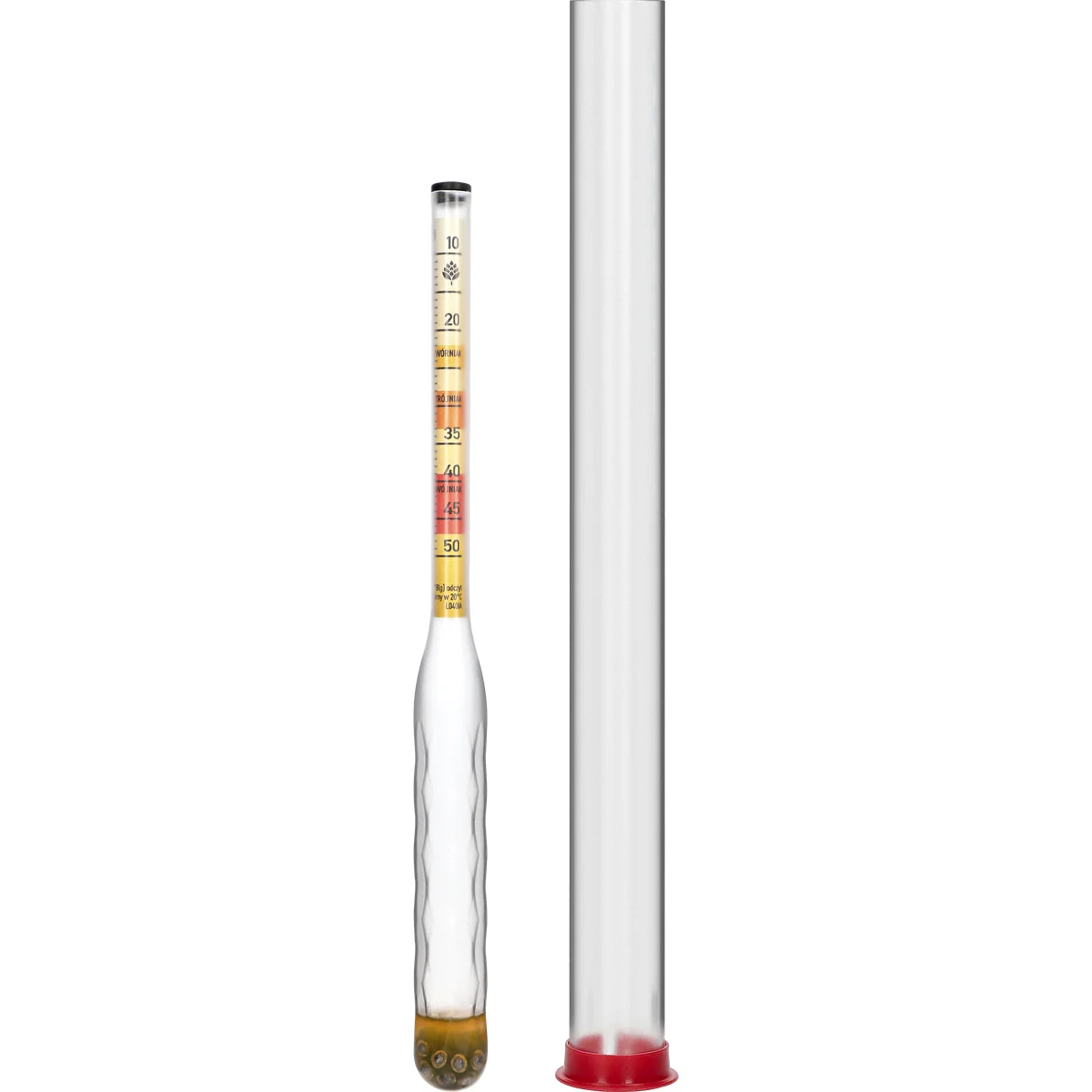 Uknuseligt hydrometer til mjød med prøvecylinder, måleområde 10-50°Blg