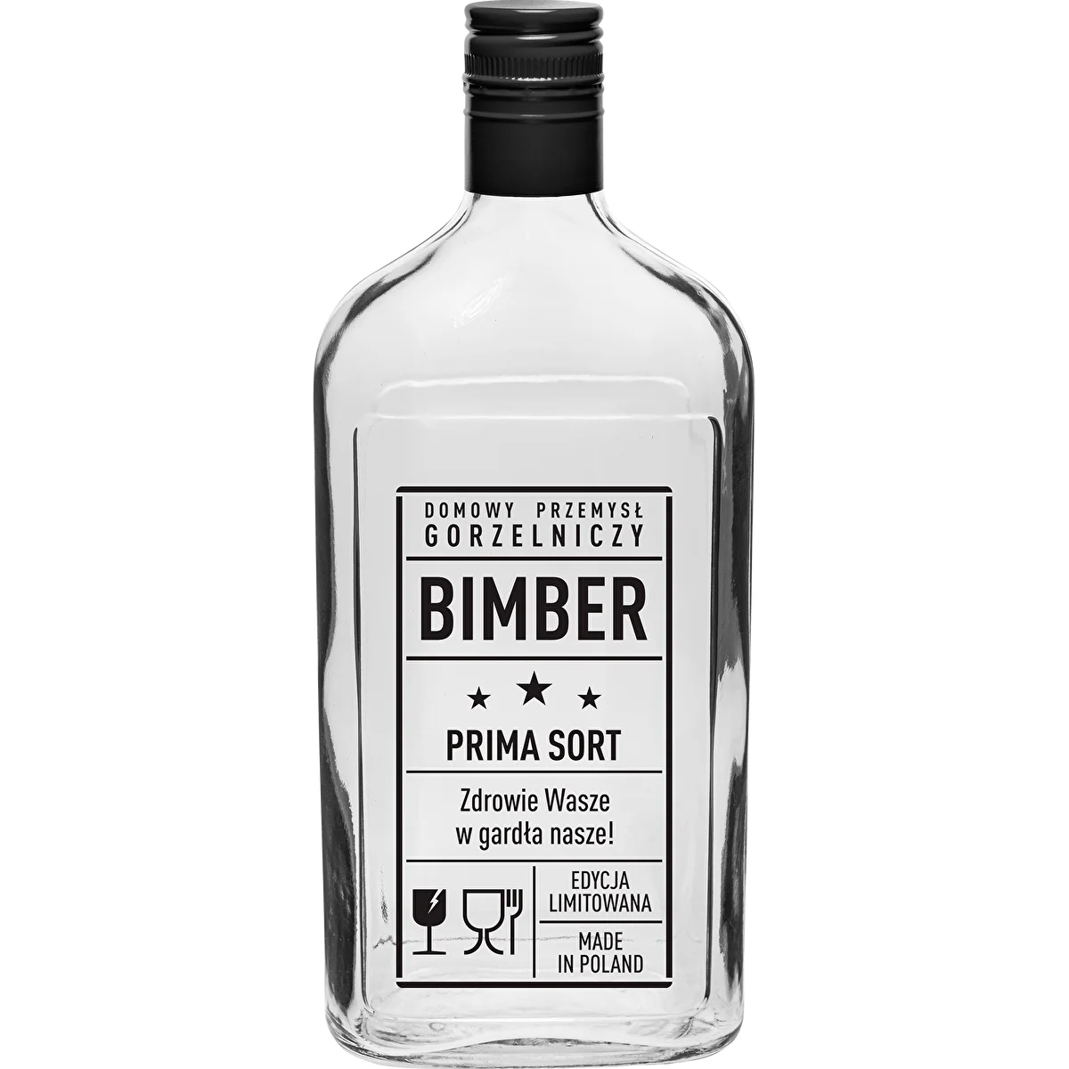 Glasflaske i lommelærkeform 500 ml med skruelåg, tryk 'Bimber PRL', 1 stk.