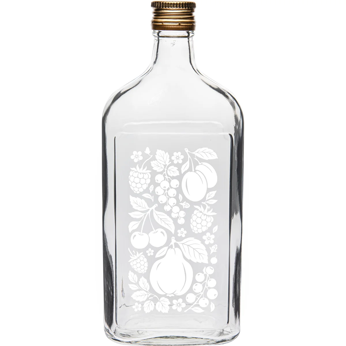 Flad glasflaske 500 ml med skruelåg og motiv "Frugter" – design 2