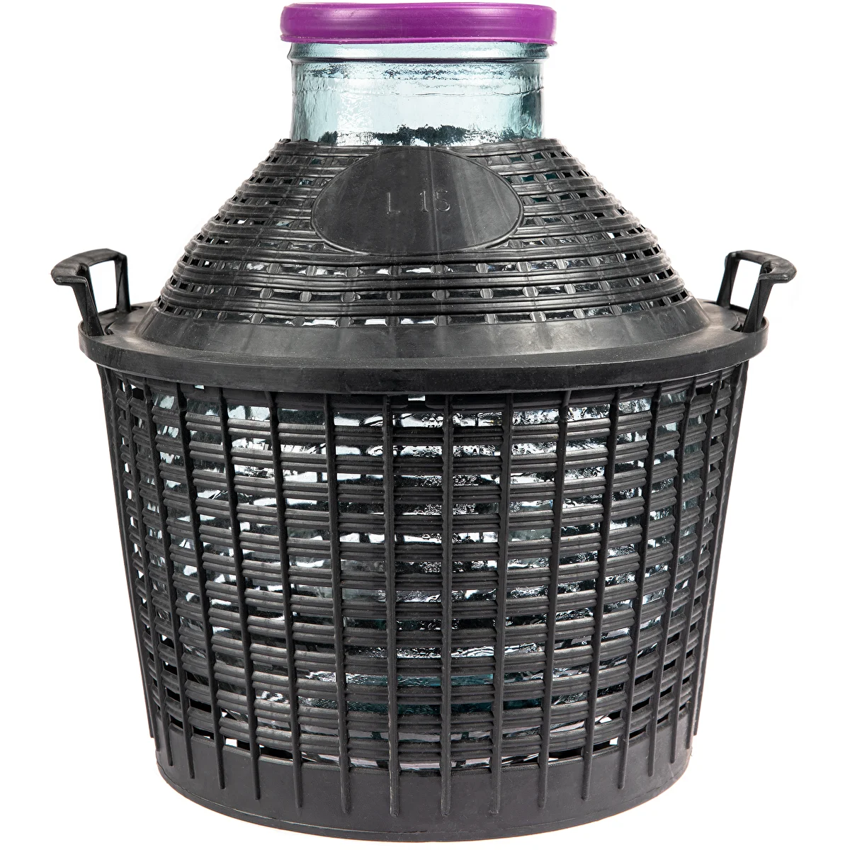 Vinballon 15 L med bred hals i plastikkurv