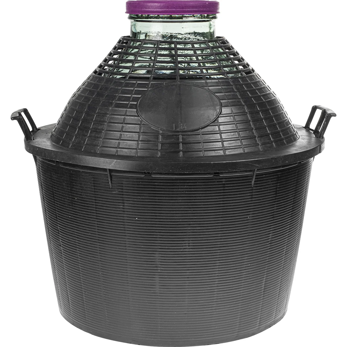 Vinballon 34 L med bred hals i plastkurv