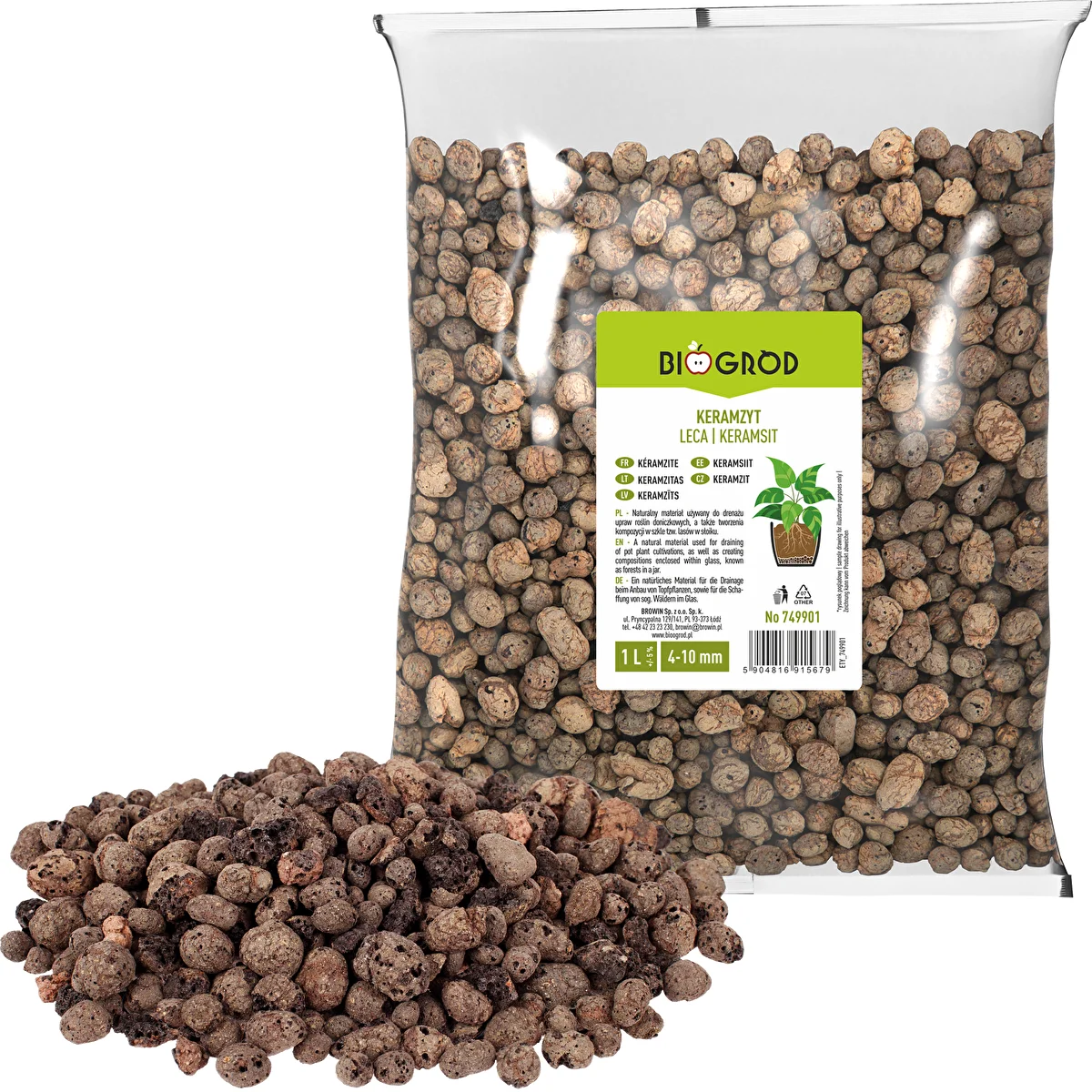 Leca til potteplanter, havebrug og skove i glas, 4-10 mm, 1L