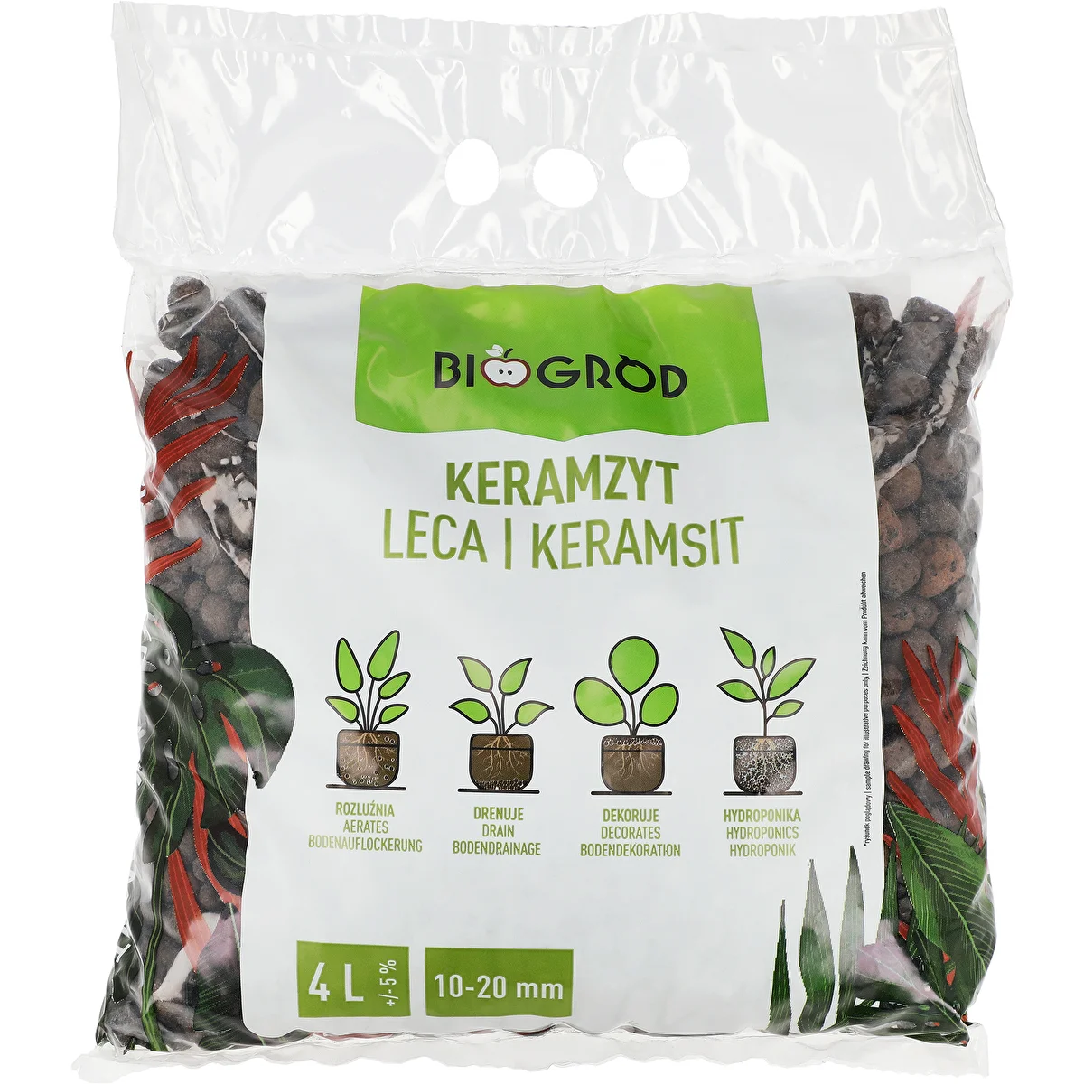 Leca til potteplanter, havebrug og skove i glas 10–20 mm, 4L