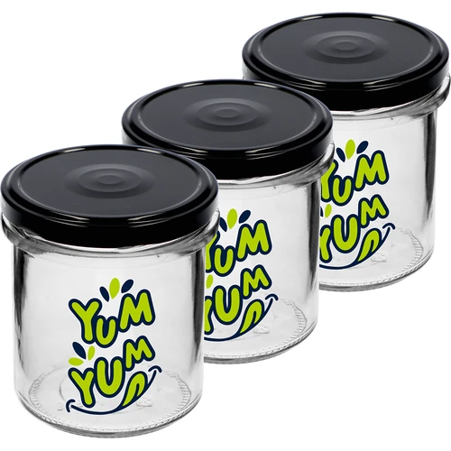 Enkel krukke 346ml fi 82 med farverigt tryk "Yum Yum" og sort låg, 3 stk. - 2