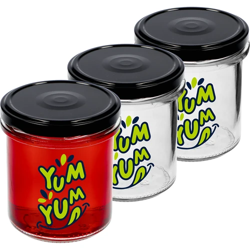 Enkel krukke 346ml fi 82 med farverigt tryk "Yum Yum" og sort låg, 3 stk.  - 1 