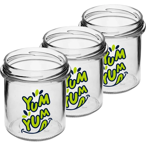 Enkel krukke 346ml fi 82 med farverigt tryk "Yum Yum" og sort låg, 3 stk. - 3