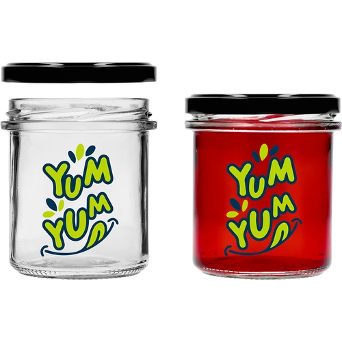 Enkel krukke 346ml fi 82 med farverigt tryk "Yum Yum" og sort låg, 3 stk. - 4