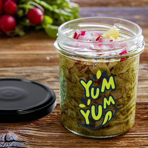 Enkel krukke 346ml fi 82 med farverigt tryk "Yum Yum" og sort låg, 3 stk. - 8