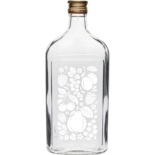 Flad glasflaske 500 ml med skruelåg og motiv "Frugter" – design 2