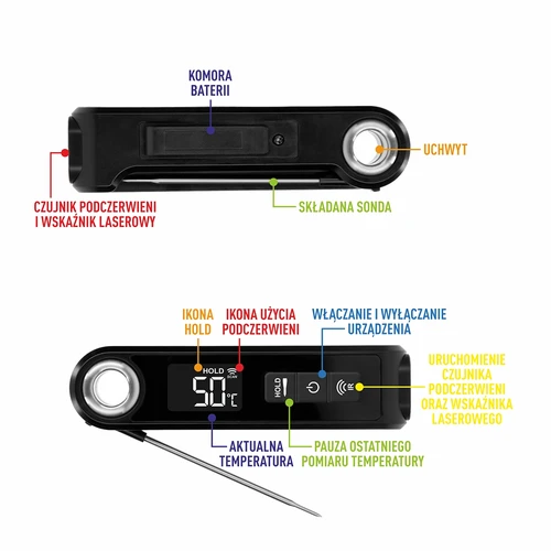 Infrarødt køkkentermometer, kompakt, med foldbar sonde - 9