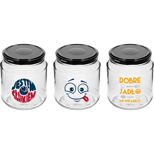 Krukke TO 580ml fi 82 med farvet tryk og sort låg, 3 stk.  - 1 