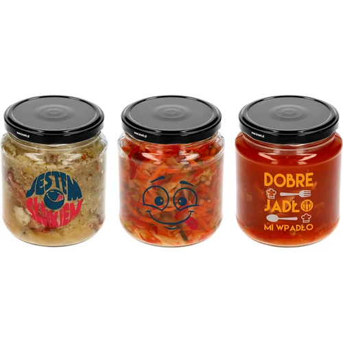 Krukke TO 580ml fi 82 med farvet tryk og sort låg, 3 stk. - 3