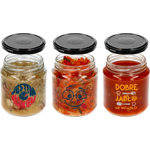 Krukke TO 580ml fi 82 med farvet tryk og sort låg, 3 stk. - 4