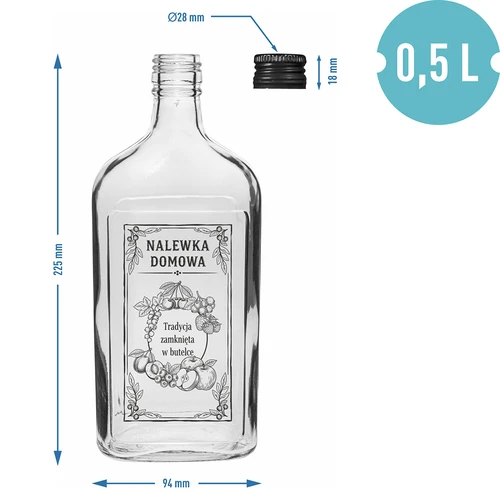 Flad glasflaske 500 ml med skruelåg, tryk „Nalewka domowa”, 1 stk. - 4