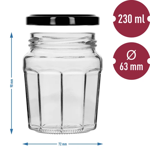 Syltetøjsglas 230ml med sort låg fi63/4 - 6 stk - 8