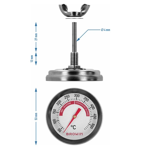 Termometer til grill og BBQ, fra 50 til +500°C, bimetal, 5,3cm - 7