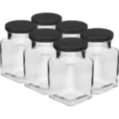Twist-off glas 150ml Fire hjørner fi 53 med sort låg, 6 stk.