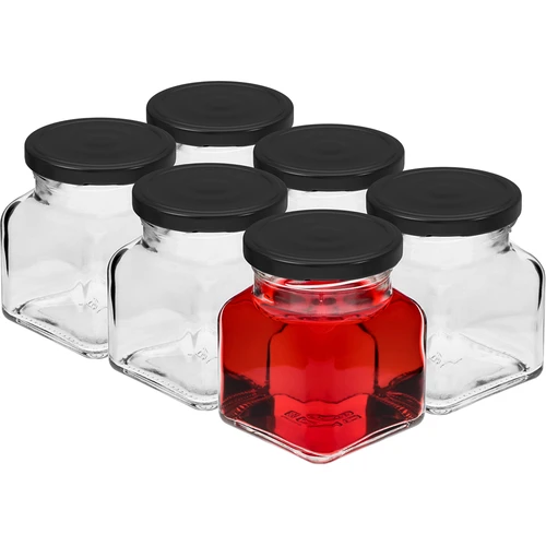 Twist-off glas 120ml - Fire hjørner fi 53 med sort låg, 6 stk - 2
