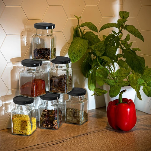 Twist-off glas 150ml Fire hjørner fi 53 med sort låg, 6 stk. - 9