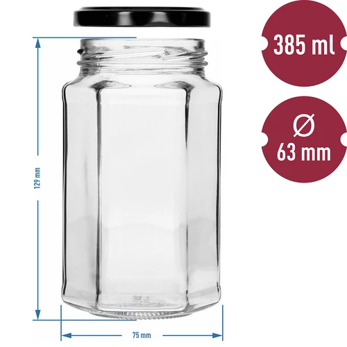 Twist off krukke 385ml med sort låg fi 63, 6 stk. - 7