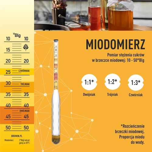 Uknuseligt hydrometer til mjød med prøvecylinder, måleområde 10-50°Blg - 6