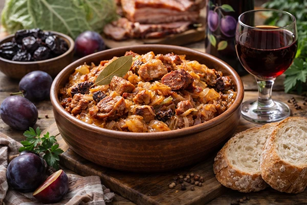 Hjemmelavet bigos med blommevin
