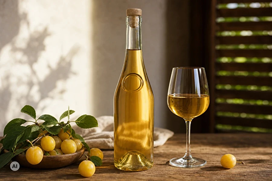 Sød hjemmelavet vin af mirabelle eller kirsebærblomme